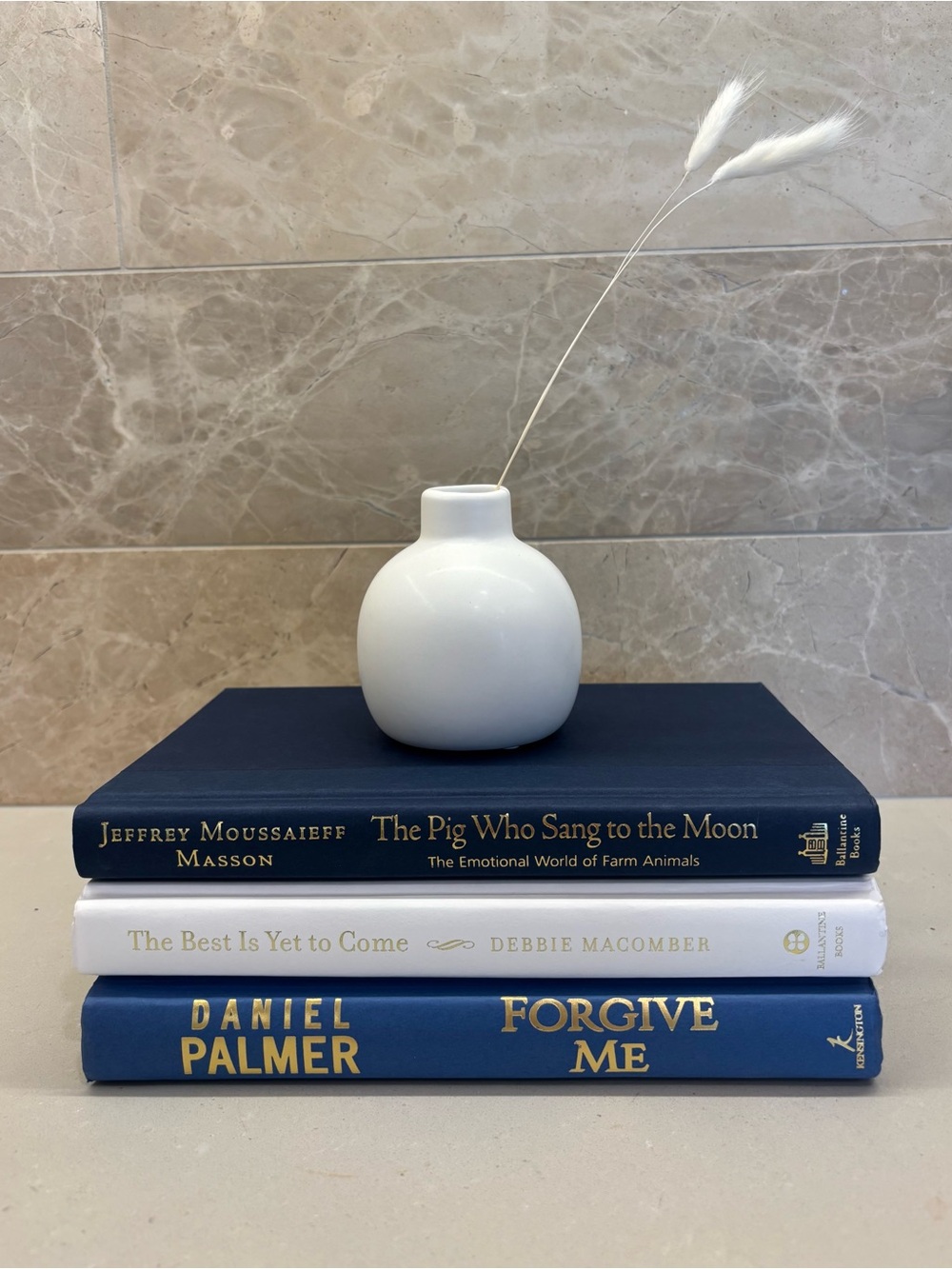 Book-stack x 3 w/ Minimal White Ceramic Bud Vase - Home Accents